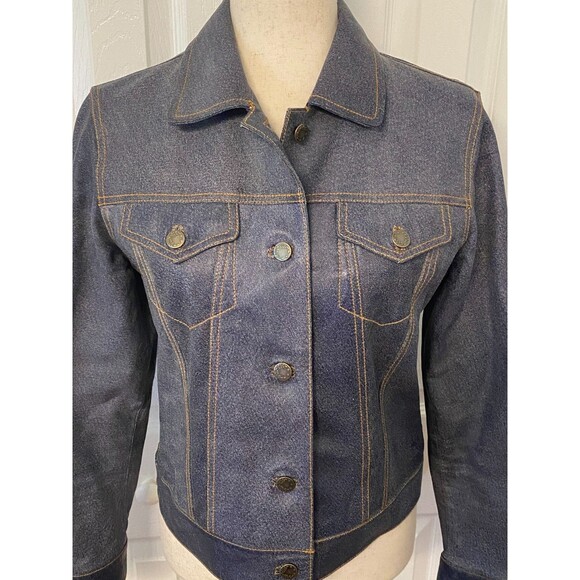 Vericci Leather Jacket Womens Sz S Blue Jean Denim Look Western Cowgirl Moto Y2K - Picture 2 of 10